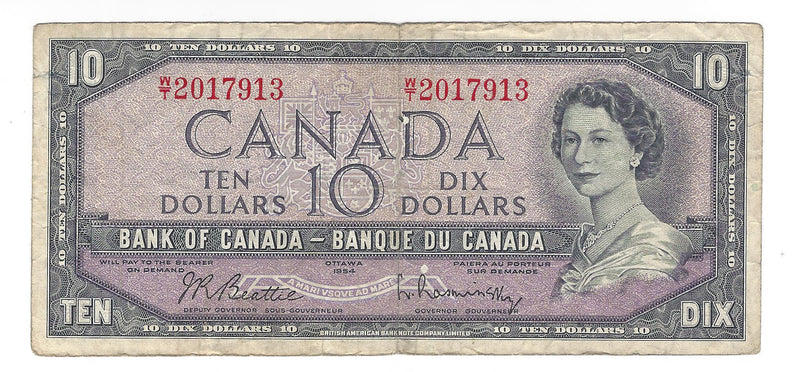 1954 Canada $10 Banknote Beattie-Rasminsky, W/T, BC-40b (Circ.)
