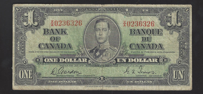 1937 $1 Bank of Canada Note Gordon-Towers Prefix X/A0236326 BC-21b (VG)