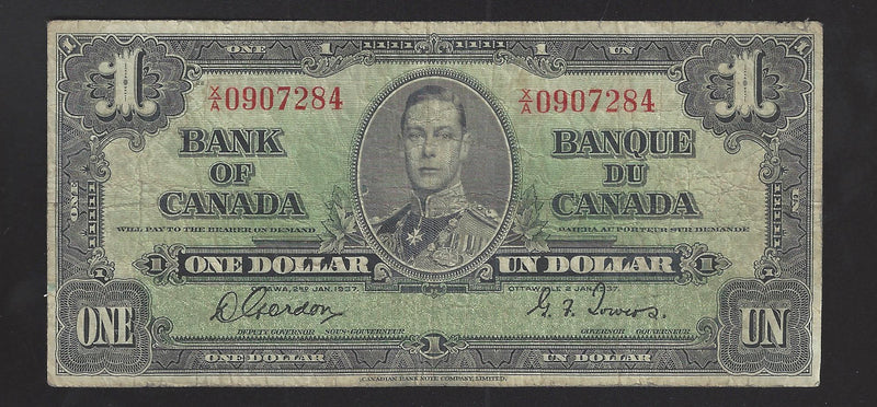 1937 $1 Bank of Canada Note Gordon-Towers Prefix X/A0907284 BC-21b (VG)
