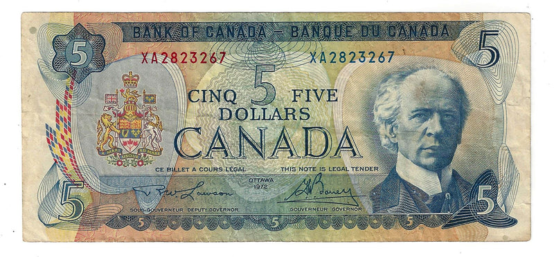 1972 Canada $5 Banknote Lawson-Bouey,X/A, BC-48b (F)
