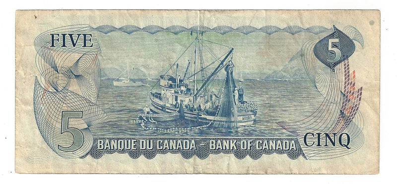 1972 Canada $5 Banknote Lawson-Bouey,X/A, BC-48b (F)