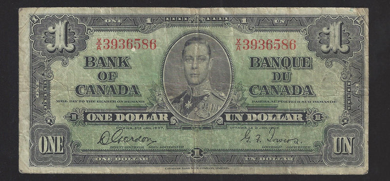 1937 $1 Bank of Canada Note Coyne-Towers Prefix X/A3936586 BC-21c (VG)
