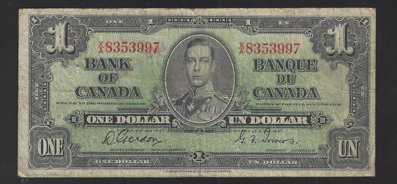 1937 $1 Bank of Canada Note Gordon-Towers Prefix X/A8353997 BC-21b (VG)
