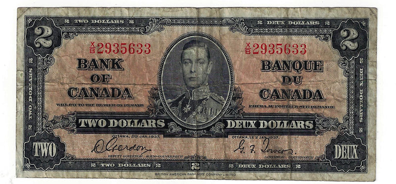 1937 Canada $2 Banknote Gordon-Towers,X/B, BC-22b (VG)