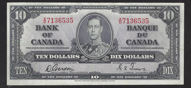 1937 $10 Bank of Canada Note Gordon-Towers Prefix X/D7136535 BC-24b (EF)