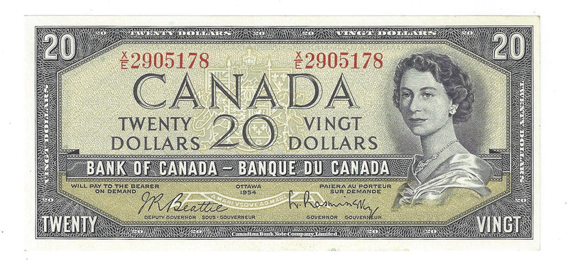 1954 $20 Banknote Beattie-Rasminsky,X/E, BC-41b UNC