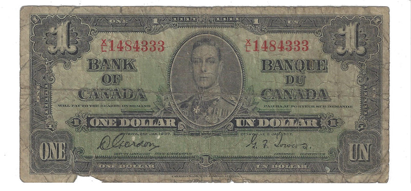 1937 Canada $1 Banknote Gordon-Towers (WP), X/L, BC-21c (VG)