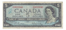 1954 Canada $5 Banknote Beattie-Rasminsky, X/S, BC-39b (F/VF)