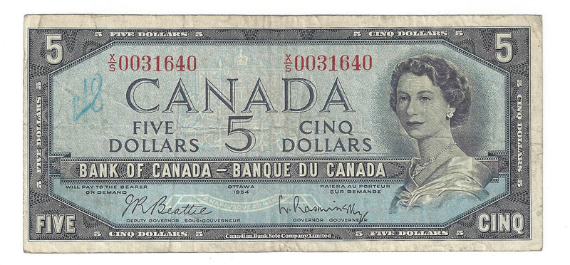 1954 Canada $5 Banknote Beattie-Rasminsky, X/S, BC-39b (F/VF)