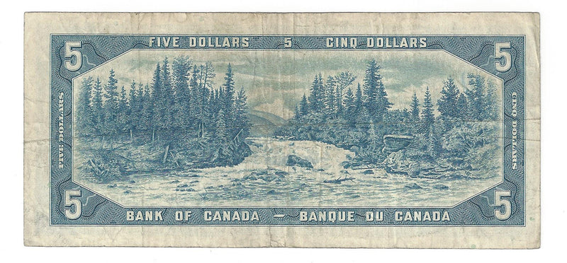 1954 Canada $5 Banknote Beattie-Rasminsky, X/S, BC-39b (F/VF)