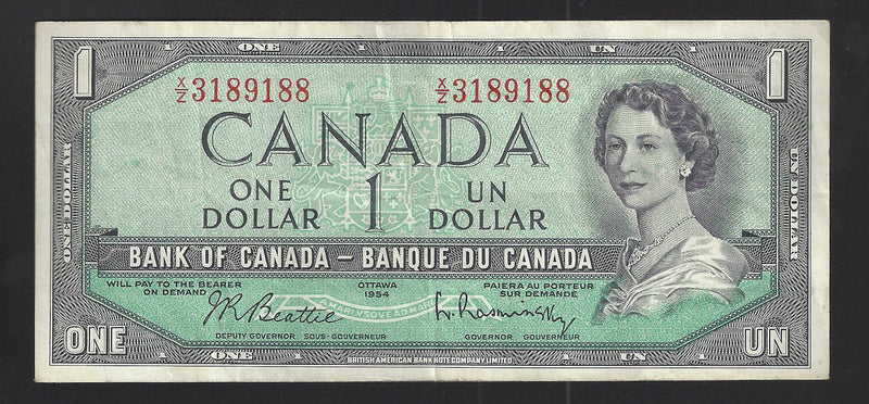 1954 $1 Bank of Canada Note Beattie-Rasminsky Prefix X/Z3189188 BC-37b-i (Circ.)