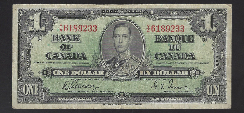1937 $1 Bank of Canada Note Gordon-Towers Prefix Y/A6189233 BC-21b (VG)