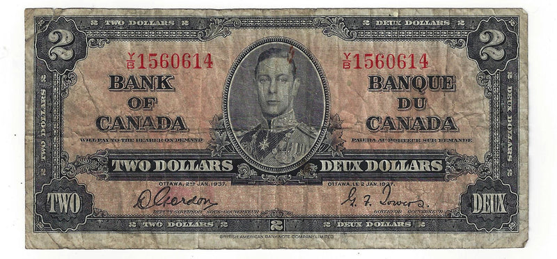 1937 Canada $2 Banknote Gordon-Towers,Y/B, BC-22b (VG)