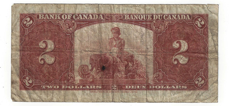 1937 Canada $2 Banknote Gordon-Towers,Y/B, BC-22b (VG)