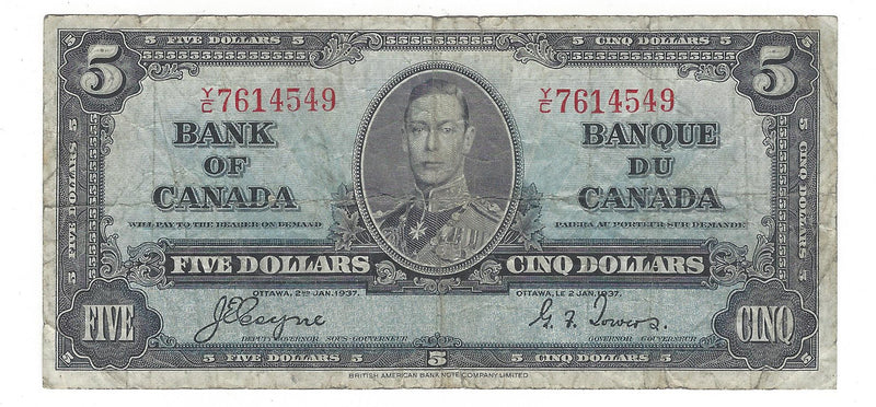 1937 Canada $5 Banknote Coyne-Towers, Y/C, BC-21c (VG/F)