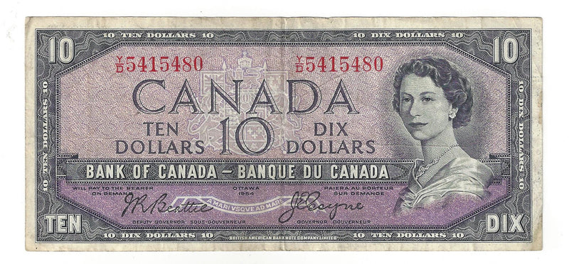 1954 Canada $10 Banknote Beattie-Coyne, Y/D, BC-40a (F/VF)