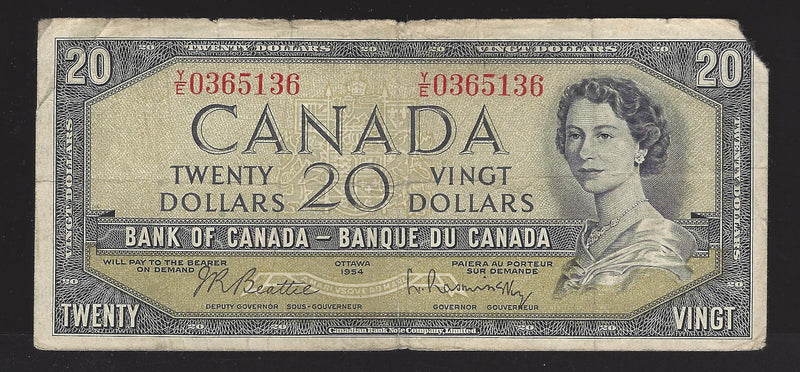 1954 $20 Bank of Canada Note Beattie-Rasmintsky Y/E0365136 Prefix BC-41b (Circ.)