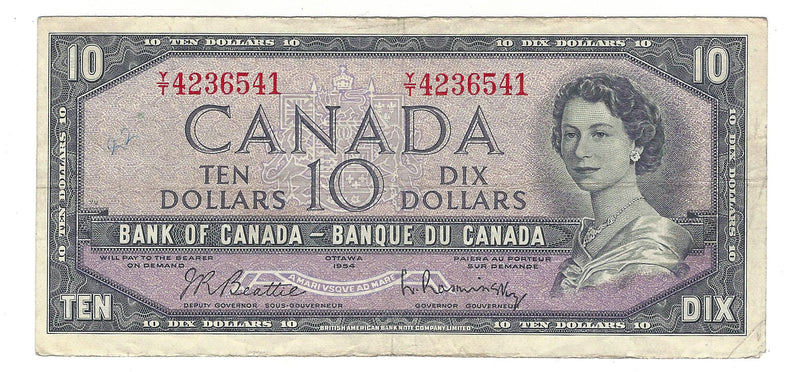 1954 Canada $10 Banknote Beattie-Rasminsky, Y/T, BC-40b (Circ.)