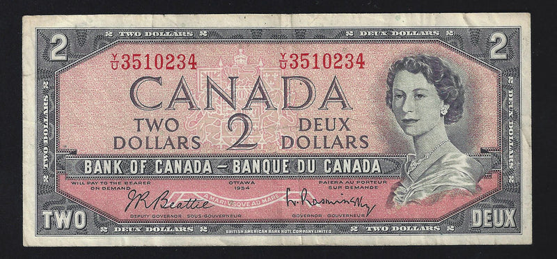 1954 $2 Bank of Canada Note Beattie-Rasminsky Prefix Y/U3510234 BC-38b (VF)