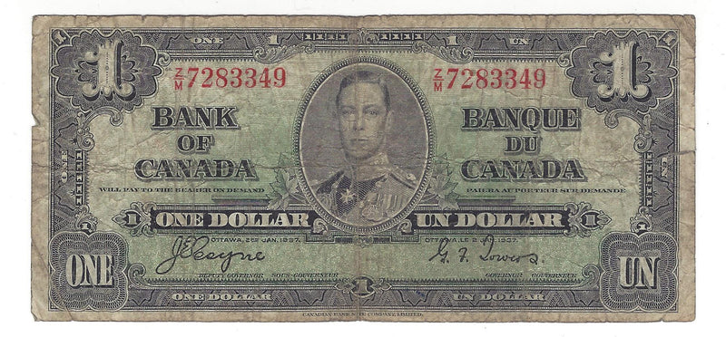 1937 Canada $1 Banknote Coyne-Towers, Z/M, BC-21d (VG)