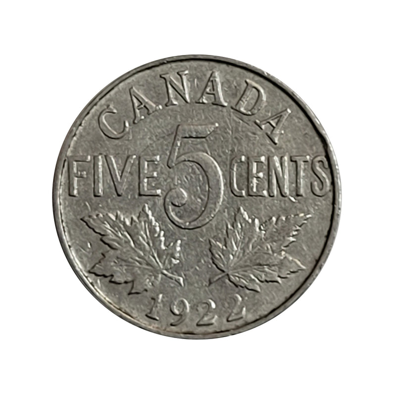 1922 Near Rim Canada 5 Cents Nickel  (VG)