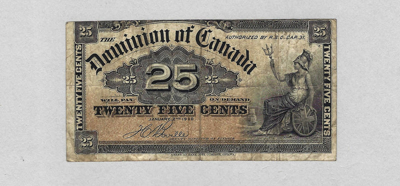 1900 Canada 25 Cents Error Cut Out Dominion Bank Note Boville EF DC-15b