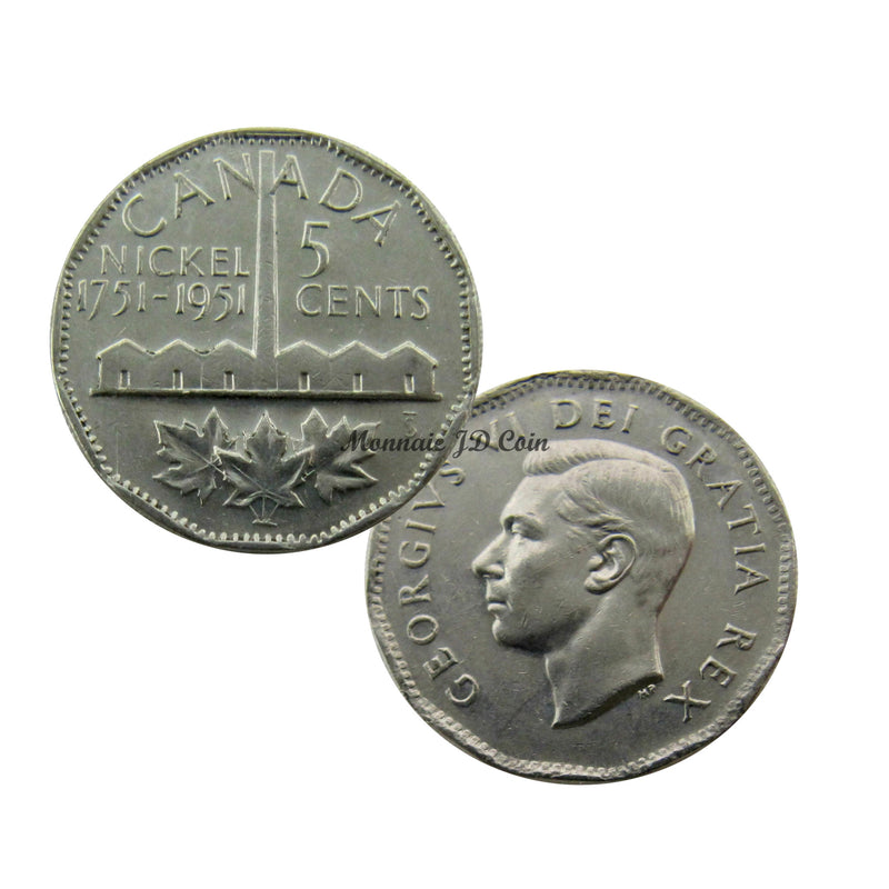 1951 Canada 5 Cents Commemorative George VI Nickel Coin F/VF