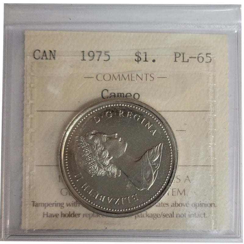 1975 FWL. Attached Jewel Canada Nickel Dollar Certifield ICCS PL-65 Cameo