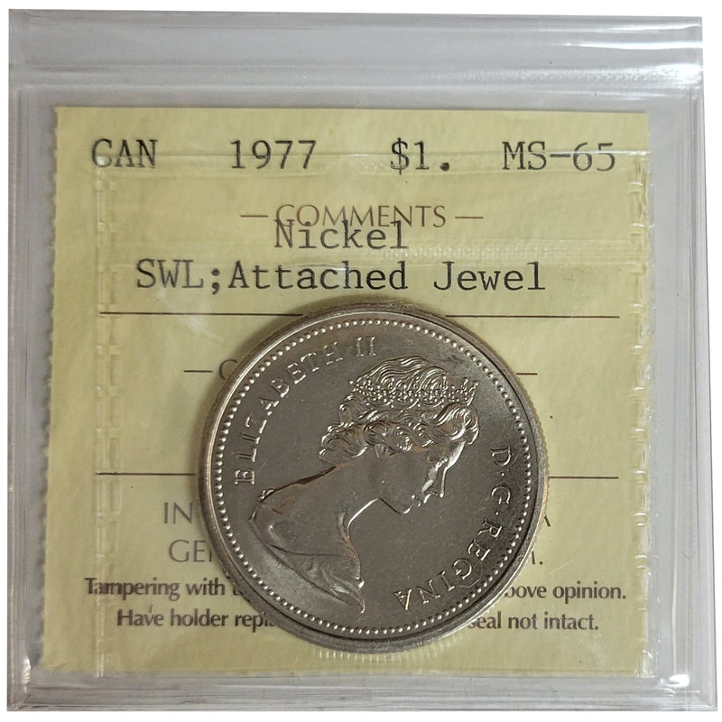 1977 SWL. Attached Jewel Canada Nickel Dollar Certifield ICCS MS-65