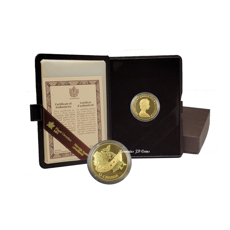 1981 Canada $100 Proof Gold 22K Coin O Canada Song 1/2oz 9999 With Box/COA