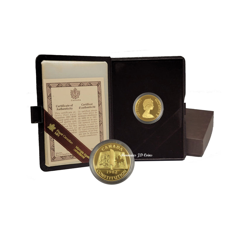 1982 Canada $100 Proof Gold 22K Coin Canadian Constitution 1/2oz With Box/COA