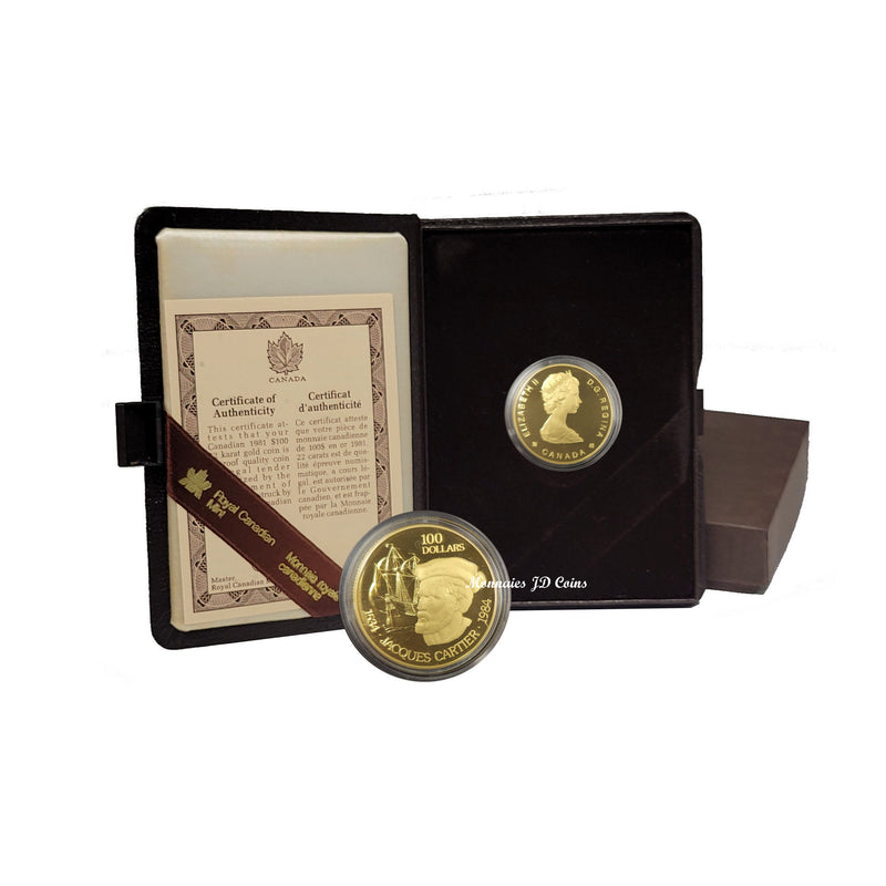 1984 Canada $100 Proof Gold 22K Coin Jacques Cartier 1/2oz 9999 With Box/COA