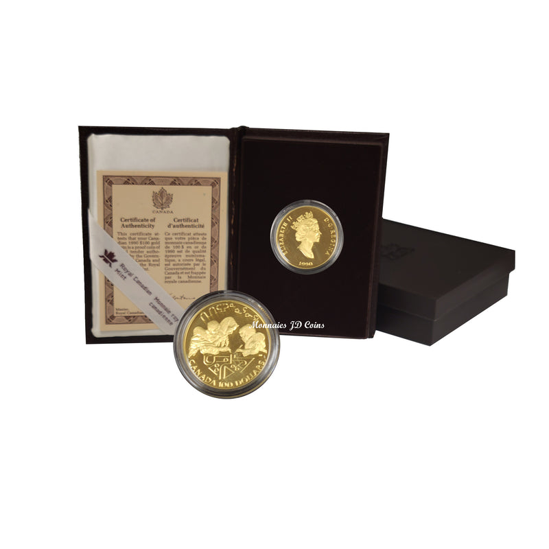 1990 Canada $100 Proof Gold 14K Coin Literacy Year 1/4oz With Box/COA