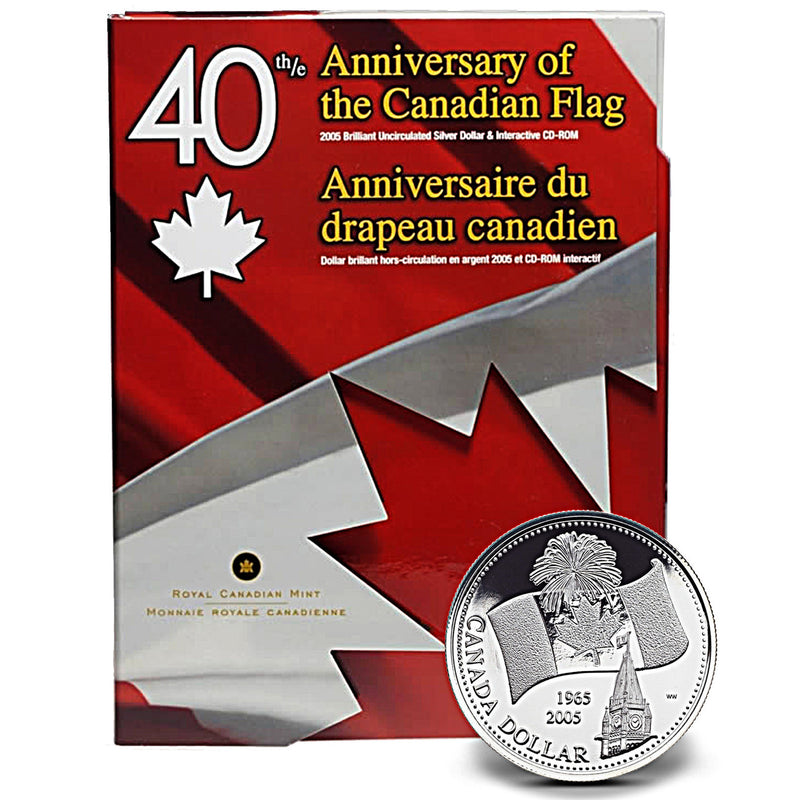 2005 Canada Dollar 40th Annv. Of Canada's Natinal Flag Brillant Uncirculated Silver with Interactive CD-Rom
