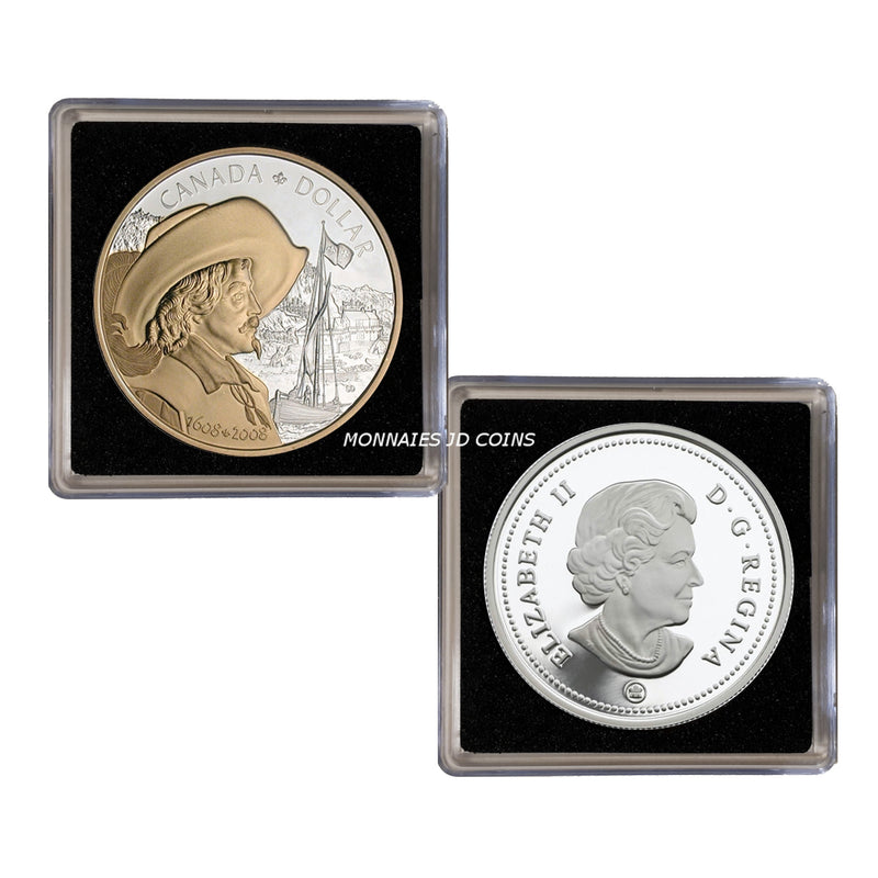 2008 Canada Dollar 400th Anniversary Of Quebec City Gold Plated Proof Silver In Square Capsule