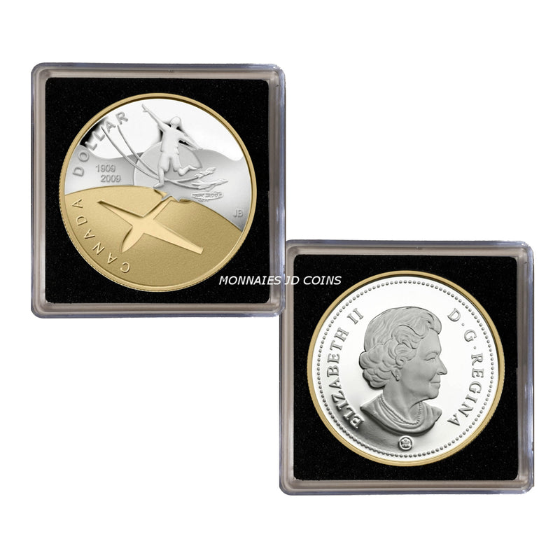 2009 Canada Dollar 100th Anniversary Of Flight In Canada Gold Plated Proof Silver In Square Capsule