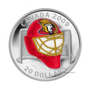 2009 Canada $20 Ottawa Senators NHL Goalie Mask & Acrylic Stand Sterling Silver