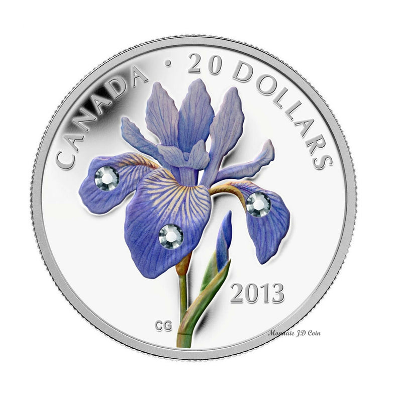 2013 Canada $20 Swarovski Crystals Blues Flag Iris Fine Silver Coin