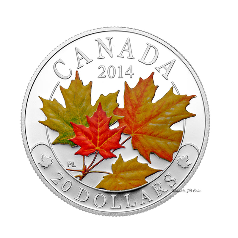 2014 Canada $20 Majestic Maple Leaves with Colour Fine Silver (No Tax)