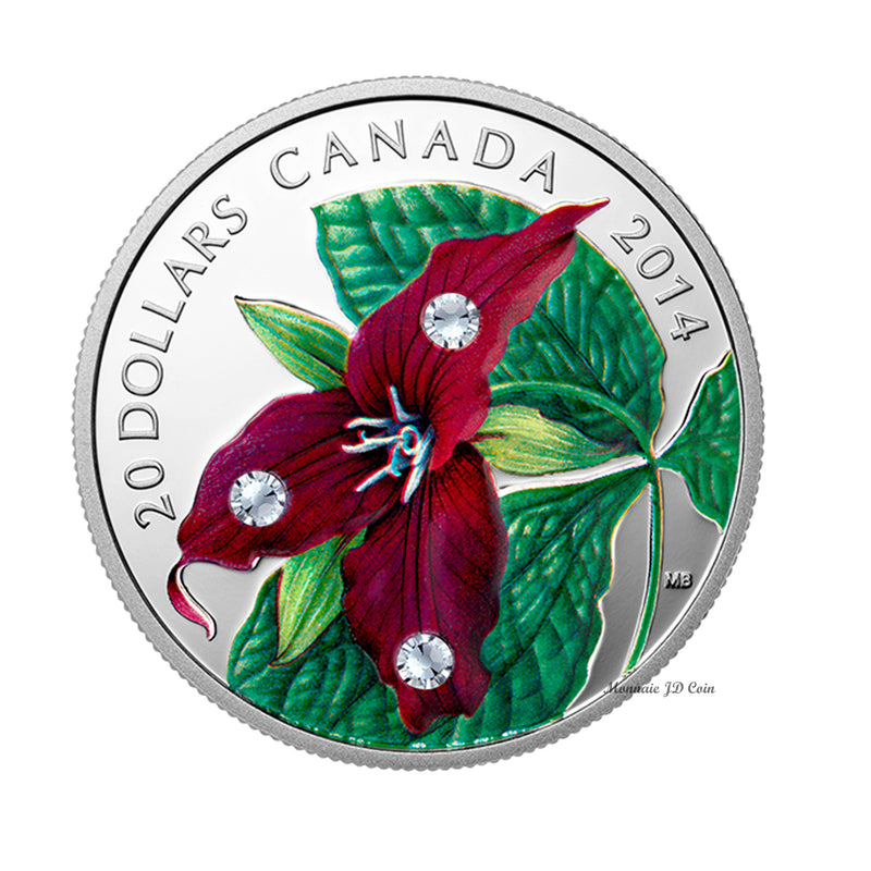 2014 Canada $20 Red Trillium with Crystal Dew Drops Fine Silver Coin