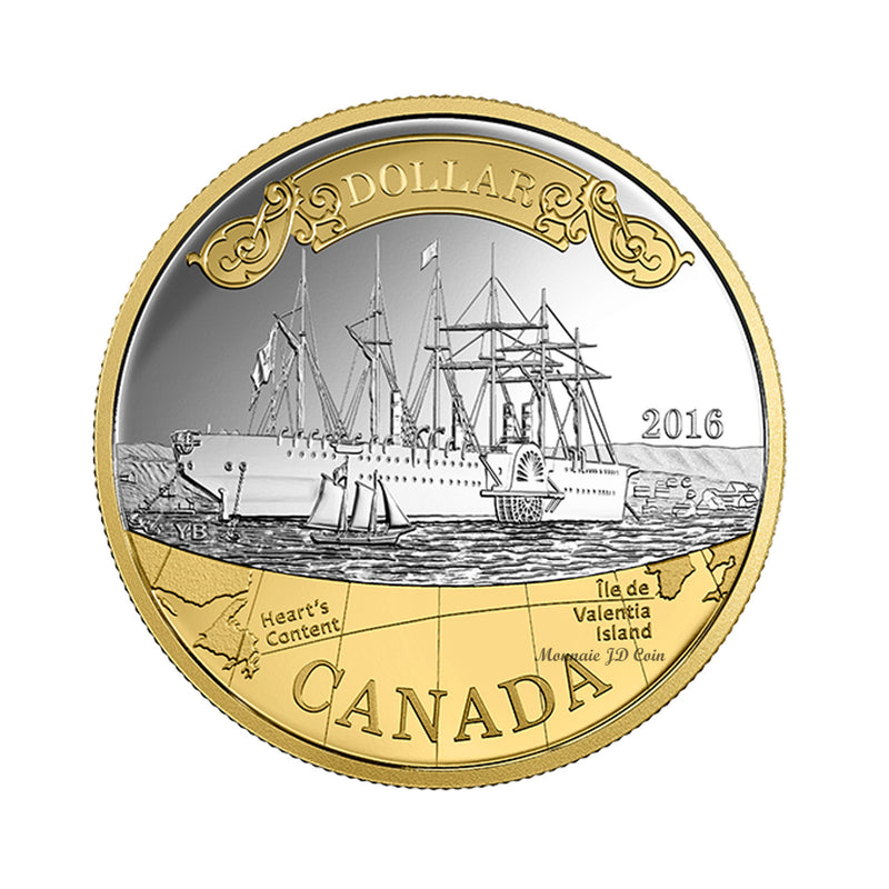 2016 Canada Dollar 150th Anniversary Of The translatlantic Cable Gold Plated Proof Silver In Square Capsule