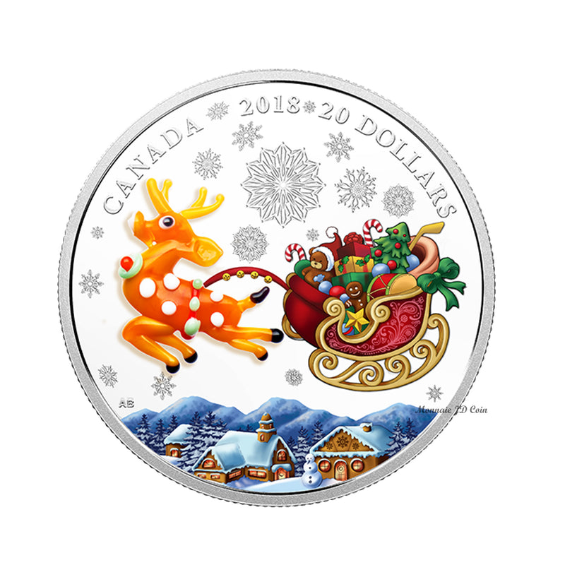 2018 Canada $20 Holiday Reindeer With Murano Glass Fine Silver Coin