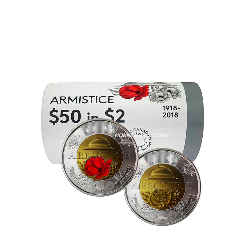 2018 Canada Special Wrap Armistice (Some Coloured) Two Dollar Original Roll 25 pcs