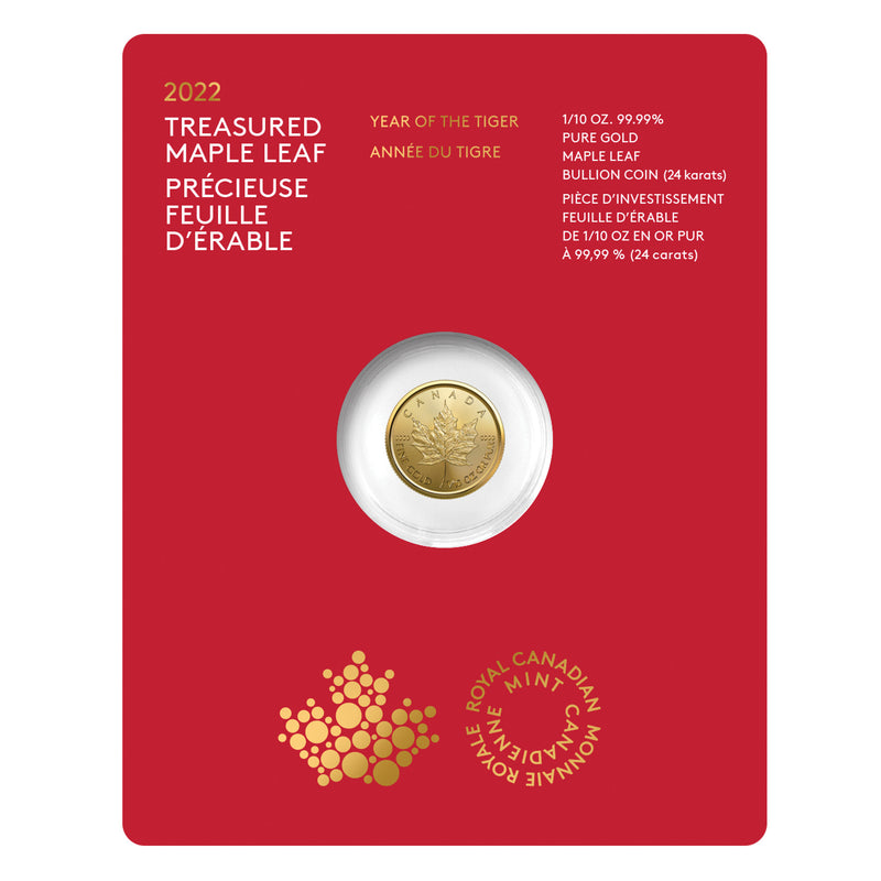 2022 Canada $5 Year of the Tiger Treasured Gold Maple Leaf 1/10 oz. 99.99% Pure Gold