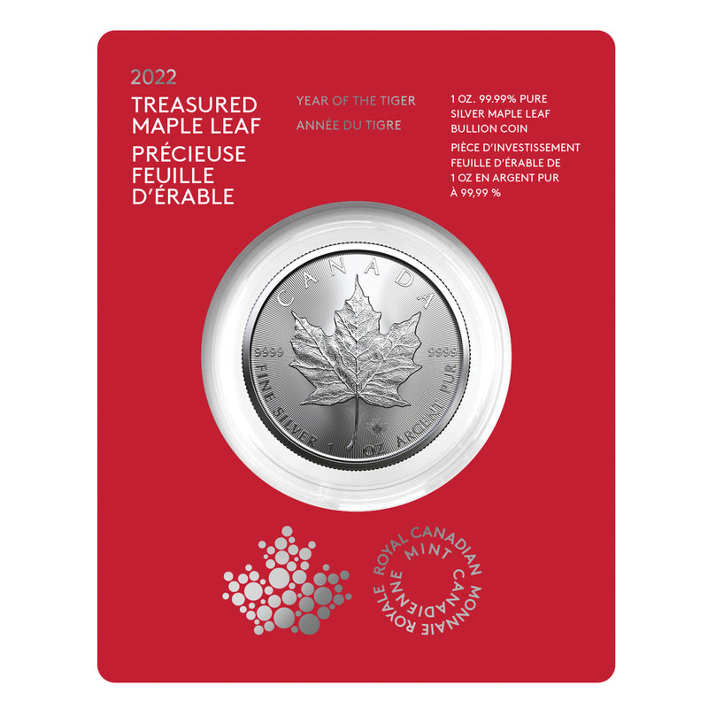 2022 Canada $5 Year of the Tiger Treasured Silver Maple Leaf 1oz. Fine Silver Coin