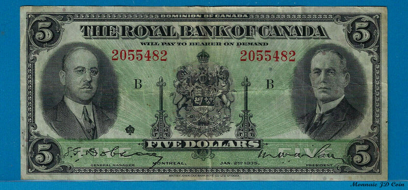 1935 $5 Royal Bank Of Canada Chartered Note VF
