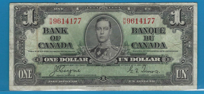 1937 1$ Bank Note Of Canada Coyne/Towers R/M9614177 Circ BC-21d