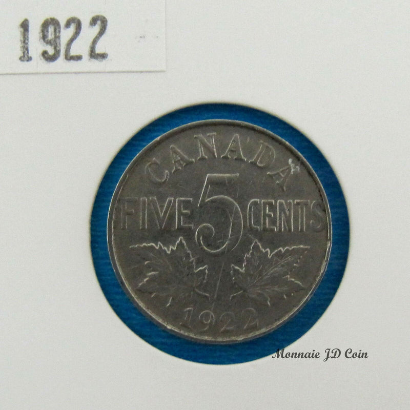 1922 Canada 5 Cents Nickel Coin Georges V