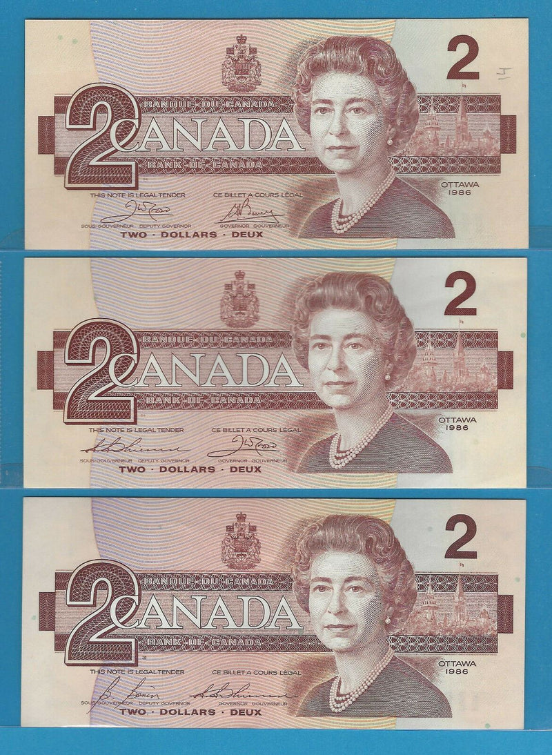 1986 Bank Of Canada 3 Bill $2 Complete Year Sing Varieties UNC
