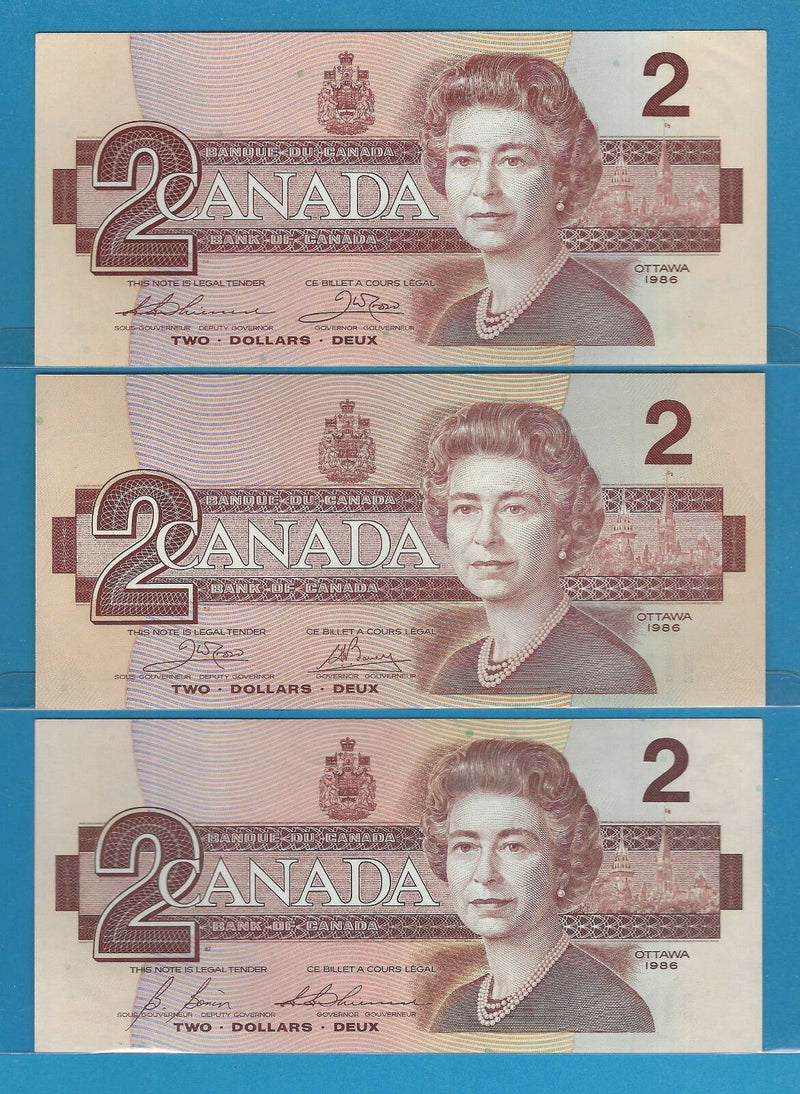 1986 Bank Of Canada 3 Bill $2 Complete Year Sing Varieties UNC